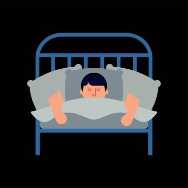 Adam yatakta izole uyuyor. Uyuyan bir adam. Uyuyan erkek. Vektör illustratio