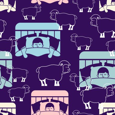 Uyuyan adam ve koyun desen sorunsuz. Adam uyurken yatak süsleme. Uyuyan erkek arka plan. Vektör textur