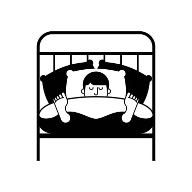 Adam yatakta uyurken simgesi. Adam uyuyan sembolü. Uyuyan erkek. Vektör illustratio