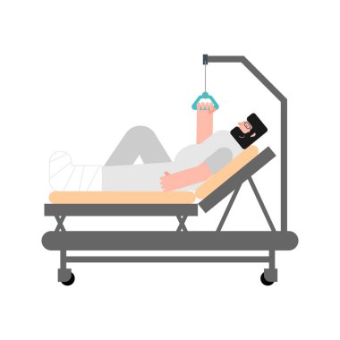 Hasta izole hastane yatağında. adam onun bacakları hasta kırılmış. Alçı bacak üzerinde. Vektör illustratio