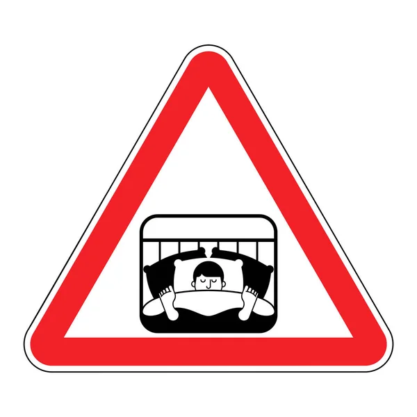 Aufmerksamkeit Schlaf Gefahr Durch Rotes Verkehrszeichen Vorsicht Kerl Schlafend Bett — Stockvektor
