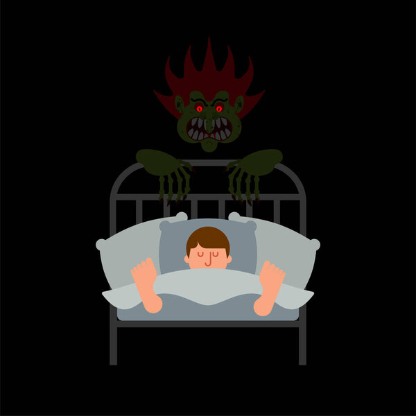 Guy in bed and Nightmare. Horror of night. Horrible dream. Monster in night. Vector illustratio