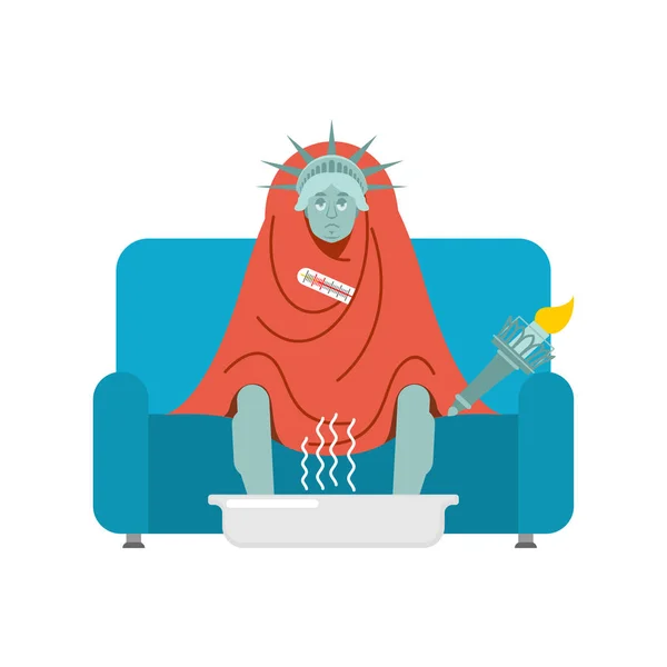 自由女神像生病坐在扶手椅裹在毯子 美国地标性疾病打喷嚏 不开心的女人坐在沙发上 美国符号矢量插图 — 图库矢量图片