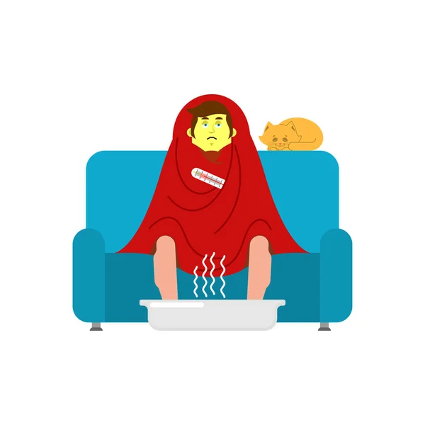 男子生病坐在扶手椅裹在毯子 人疾病打喷嚏 不高兴坐在沙发上的流感 矢量插图 — 图库矢量图片