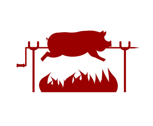 Roasted Pig on spit. Pork on fire. Vector illustratio