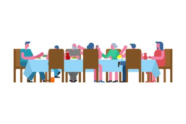 Aile yemeği. Yakınları masada yemek. Baba ve anne. Büyükanne ve büyükbaba.