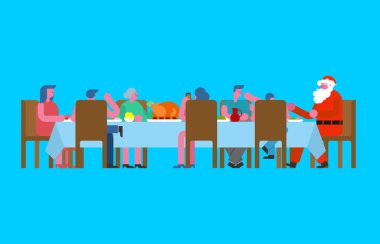 Aile Noel yemeği ve Noel Baba. Büyük tablo. Kırmızı kapaklar. tatil öğle yemeği yeni yıl. Baba ve anne. Büyükanne ve büyükbaba. Yakınları RecberUludağ