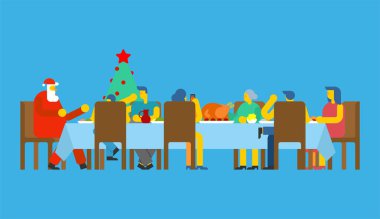 Aile Noel yemeği ve Noel Baba. Büyük tablo. Kırmızı kapaklar. tatil öğle yemeği yeni yıl. Baba ve anne. Büyükanne ve büyükbaba. Yakınları RecberUludağ