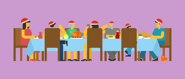 Dîner Noël Familial Grande Table Casquettes Rouges Père Noël Déjeuner — Image vectorielle