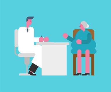 Doktor ve büyükannesi. Resepsiyon Doktor yaşlı kadın. Tıbbi ofis. Emekli sağlık insuranc