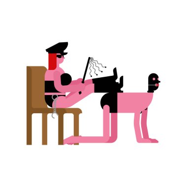 Metresi ve köle Bdsm. lateks maskesi ve kırbaç. Madam cinsel egemenlik. Sadizm ve mazoşizm cinsel yaşam. Vektör illustratio