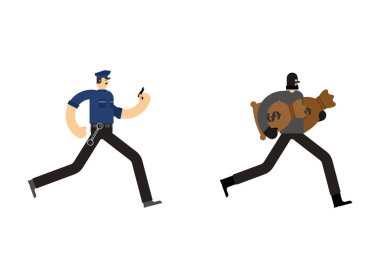 Polis ve soyguncu gözaltı. Polis ve hırsız tutuklama. Memur polis ve soyguncu ve para çantası. Vektör illustratio