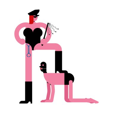 Metresi ve köle Bdsm. lateks maskesi ve kırbaç. Madam cinsel egemenlik. Sadizm ve mazoşizm cinsel yaşam. Vektör illustratio