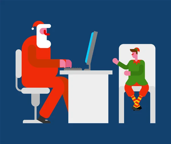 Santa Számítógépen Dolgozik Karácsonyi Nagyapja Elf Santa Segített — Stock Vector