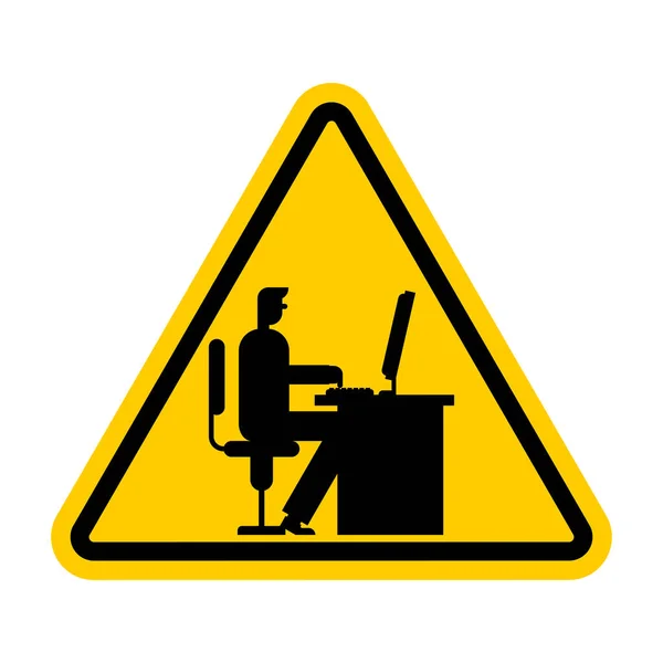 Aufmerksamkeit Büroarbeit Vorsicht Manager Arbeiten Computer Arbeitsplatz Gelbes Gefahrenschild — Stockvektor