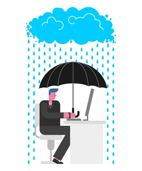 Umbrella Businessman Working Computer Security Boss Protecting Business Vector Illustratio — Stock Vector