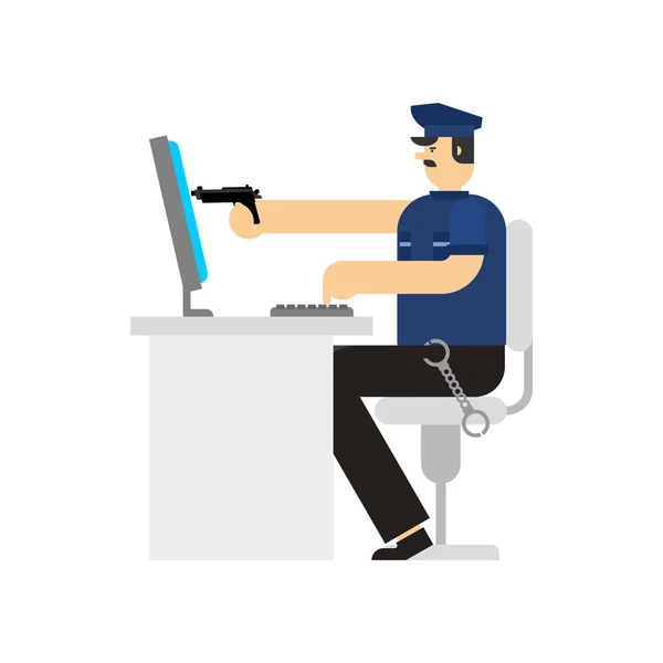 Policía Pistola Policía Virtual Arma Seguridad Internet Policía Computadora Ilustración — Vector de stock