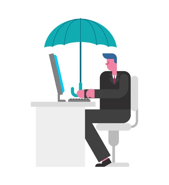 Umbrella Businessman Working Computer Security Boss Protecting Business Vector Illustratio — Stock Vector