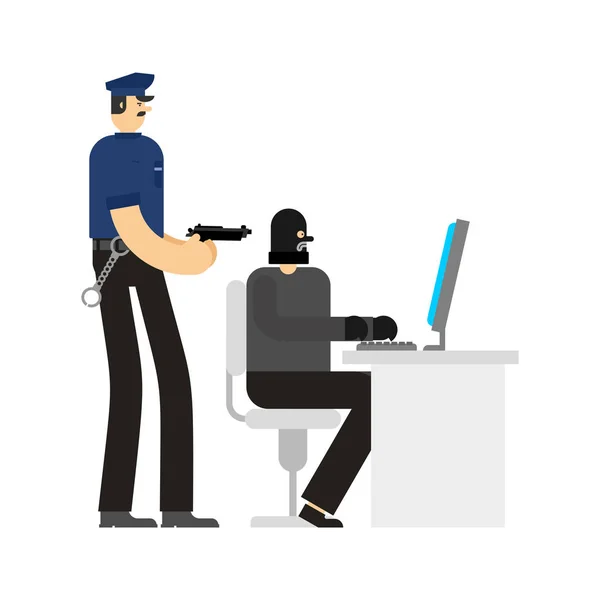 Policía Hacker Trabaja Detención Policía Ladrón Arresto Por Internet Crimen — Vector de stock