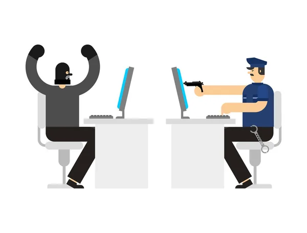 Police Detention Hacker Cybercriminal Virtual Cop Robber Computer Policeman Burglar — Stock Vector
