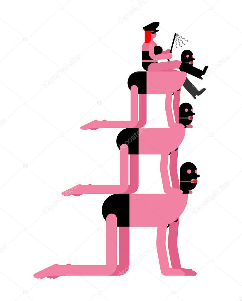 Mistress and Slave BDSM. Latex mask and whip. Madame Sexual Dominance. Sadism and masochism sex life. Vector illustratio