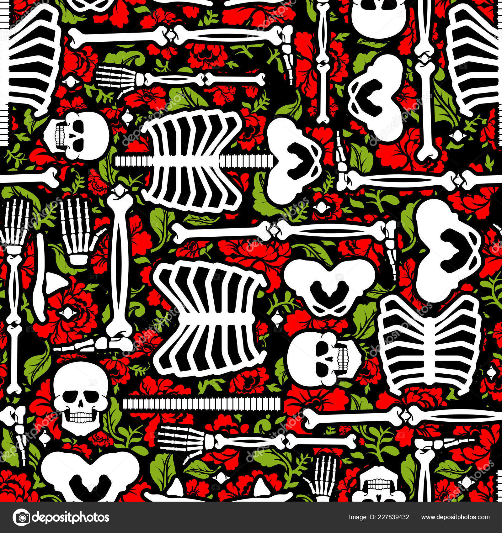 骨头和花的图案无缝骷髅头骨和玫瑰背景死亡和爱的文本图库矢量图©popaukropa 227839432, image size:1600x1700
