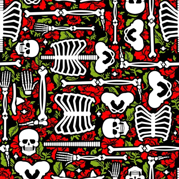 Motifs Fleurs Sans Couture Skeleton Crâne Roses Fond Mort Amour — Image vectorielle