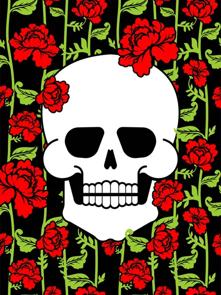 Totenkopf Und Blumen Skelettkopf Und Rosen Tod Und Tod — Stockvektor