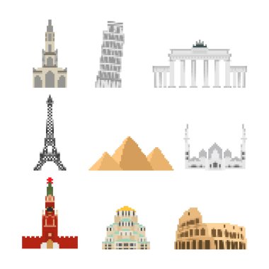 Landmark piksel sanat ayarlayın. Koleksiyon cazibe 8 bit. Dünya showplace Pixelate 16 bit. Eski oyun bilgisayar grafik stili. Eyfel Kulesi ve Moskova Kremlin. Mısır piramitleri ve Roma Colosseum. Berlin Brandenburg Kapısı