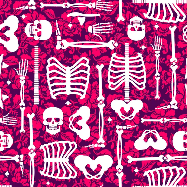 骨や花は シームレスなパターン スケルトン スカルとバラの背景 死と愛のテクスチャ — ストックベクタ