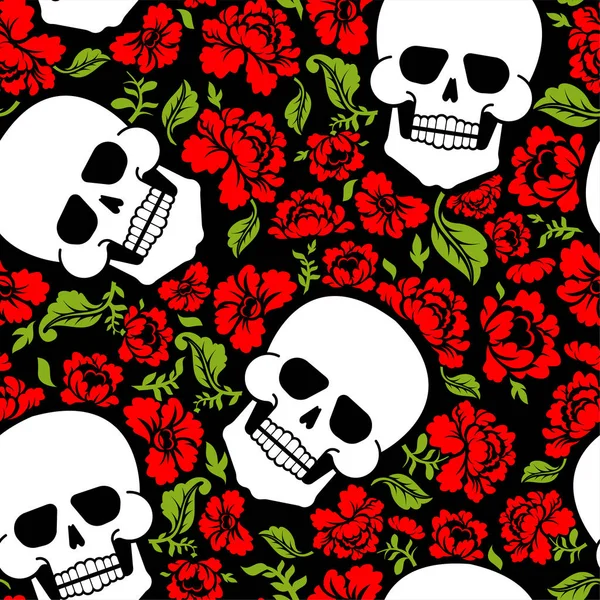 Patrón Cráneo Flores Sin Costuras Cabeza Esqueleto Fondo Rosas Muerte — Archivo Imágenes Vectoriales