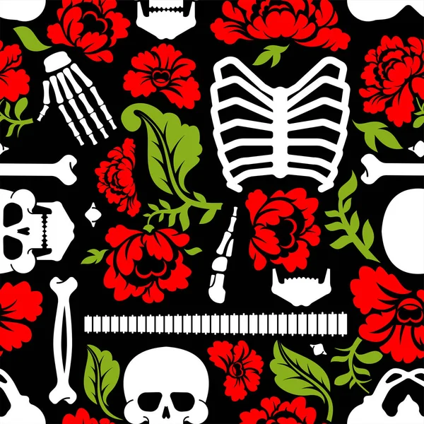 Huesos Flores Patrón Sin Costura Skeleton Skull Rosas Fondo Muerte — Archivo Imágenes Vectoriales