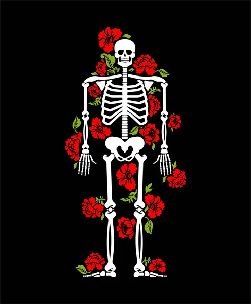 Σκελετός Και Λουλούδια Ανθρώπινα Οστά Και Τριαντάφυλλα Θάνατος Και Αγάπη — Διανυσματικό Αρχείο