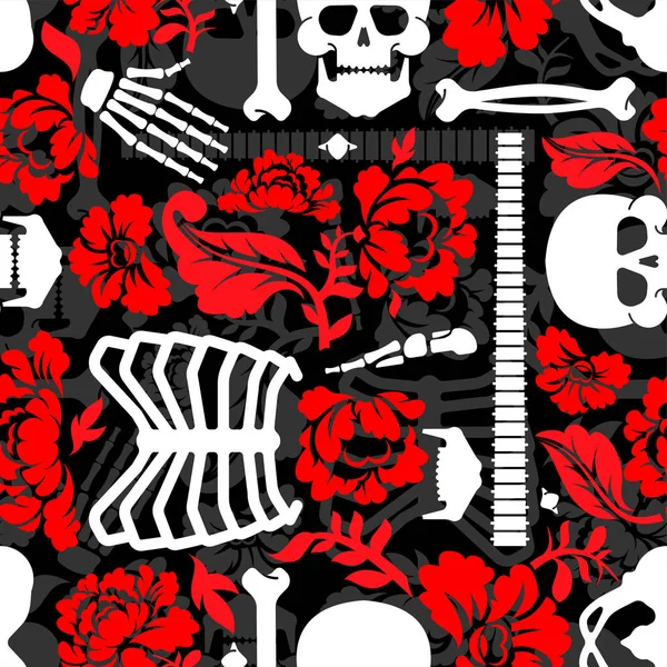 Ossos Flores Padrão Sem Costura Esqueleto Caveira Rosas Fundo Textur —  Vetores de Stock