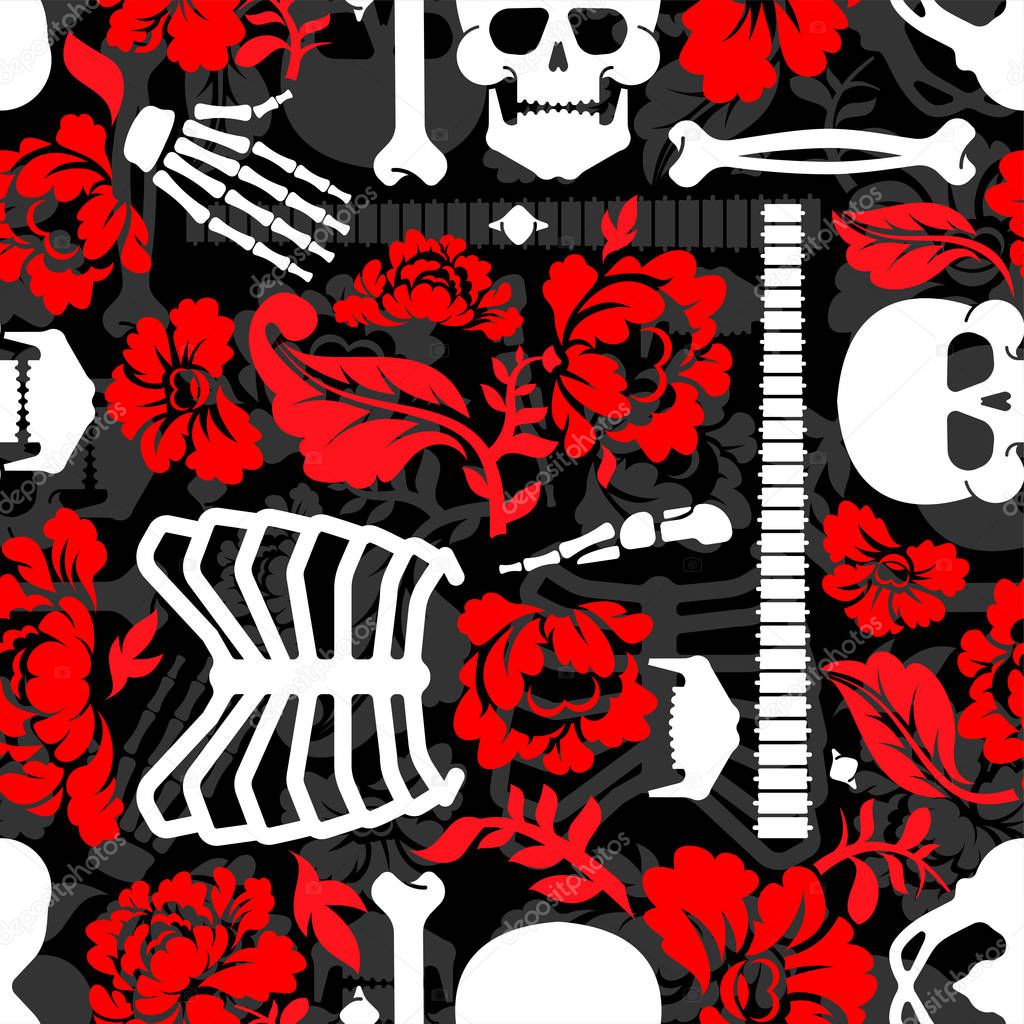 Bones and flowers pattern seamless. Skeleton Skull and roses background. Death and love textur