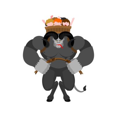 Krampus ve çocuklar. Anti kötü çocuklar için Noel Baba. Korkunç boynuzlu canavar. Merry christmas illüstrasyon vecto