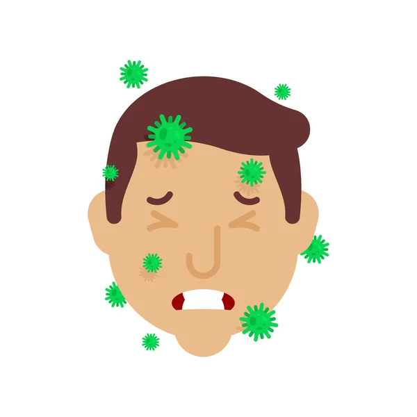 生病的头人类 病毒和微生物 细菌和流行病 生病的家伙的脸 头部疼痛 — 图库矢量图片