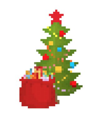 Christmas tree and bag Santa pixel art. 8bit Red sack of toys and sweets for children. New Year Video game Old school clipart