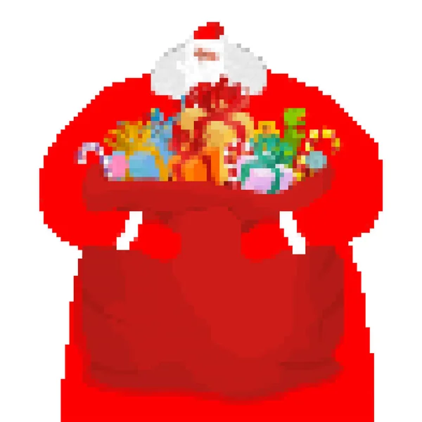 サンタ クロースとバッグのピクセル アート 新年のギフトと大きな赤い袋 クリスマス ビット ビデオ ゲーム古い学校のメリー クリスマス — ストックベクタ