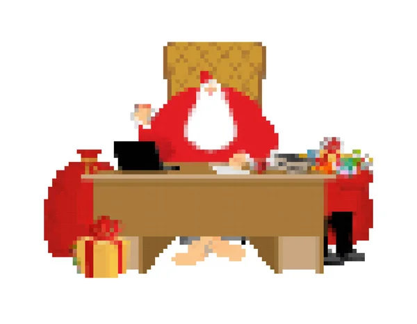 サンタ クロースとバッグのピクセル アート 新年のギフトと大きな赤い袋 クリスマス ビット ビデオ ゲーム古い学校のメリー クリスマス — ストックベクタ