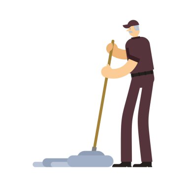 Kapıcı ile paspas. hizmet çalışan adam. Temiz adam. swabber