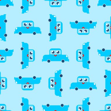 Şirin araba desen. komik otomatik karikatür tarzı arka plan. Bebek bezi doku. karakter çocuklar. Çocuk stili. 