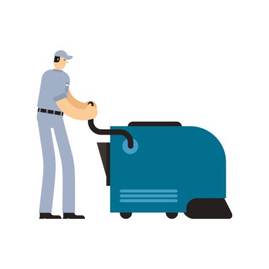 Endüstriyel elektrikli süpürge ile temizleyici. hizmet çalışan adam. Temiz adam. swabber