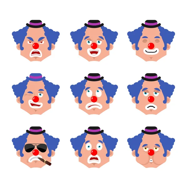 Clown Face Set Sleeping Evil Emotion Avatar Bewildered Sad Funnyman — Stock Vector