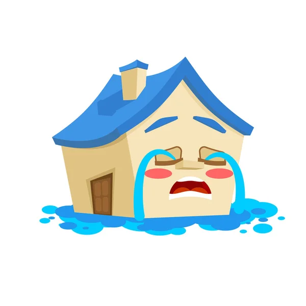 Casa Inundada Isolada Chorando Home Cartoon Estilo Vetor —  Vetores de Stock