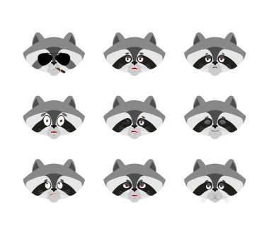 Rakun emoji avatar koyabilirim. üzgün ve kızgın surat. suçlu ve uyku. Racoon uyku duygu yüz. Rakun vektör çizim