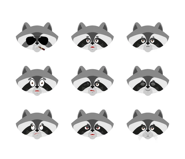 Raccoon Set Emoji Avatar Sad Angry Face Guilty Sleeping Racoon — Stock Vector
