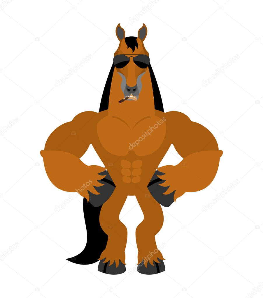 Horse Strong Cool serious. Steed smoking cigar emoji. hoss strict. Vector illustration