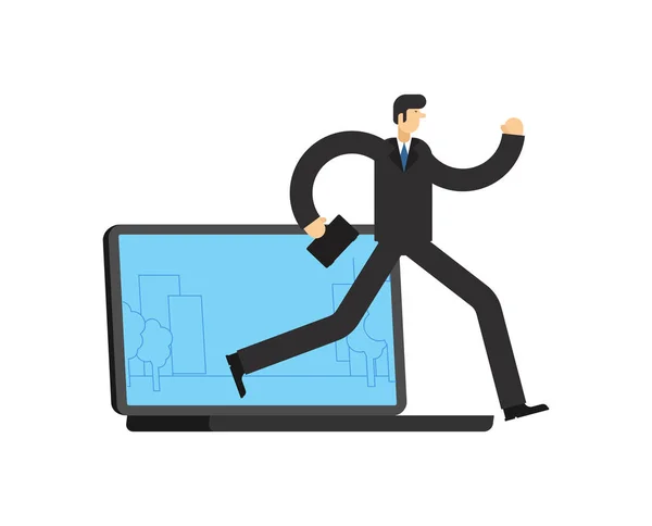 Businessman run away Laptop. Man go Offline. Concept stop online — Stock Vector