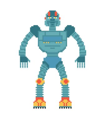 Robot piksel sanat. Cyborg 8 bit tarzı. Eski oyun grafik